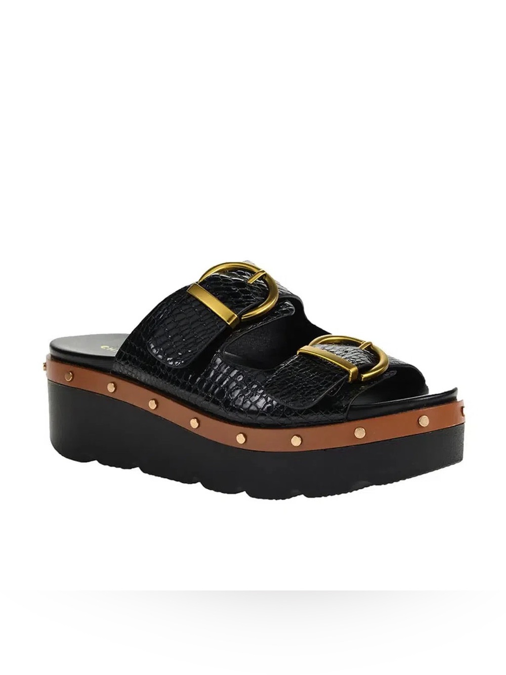 Black Textured Slide Sandals with Gold Buckles